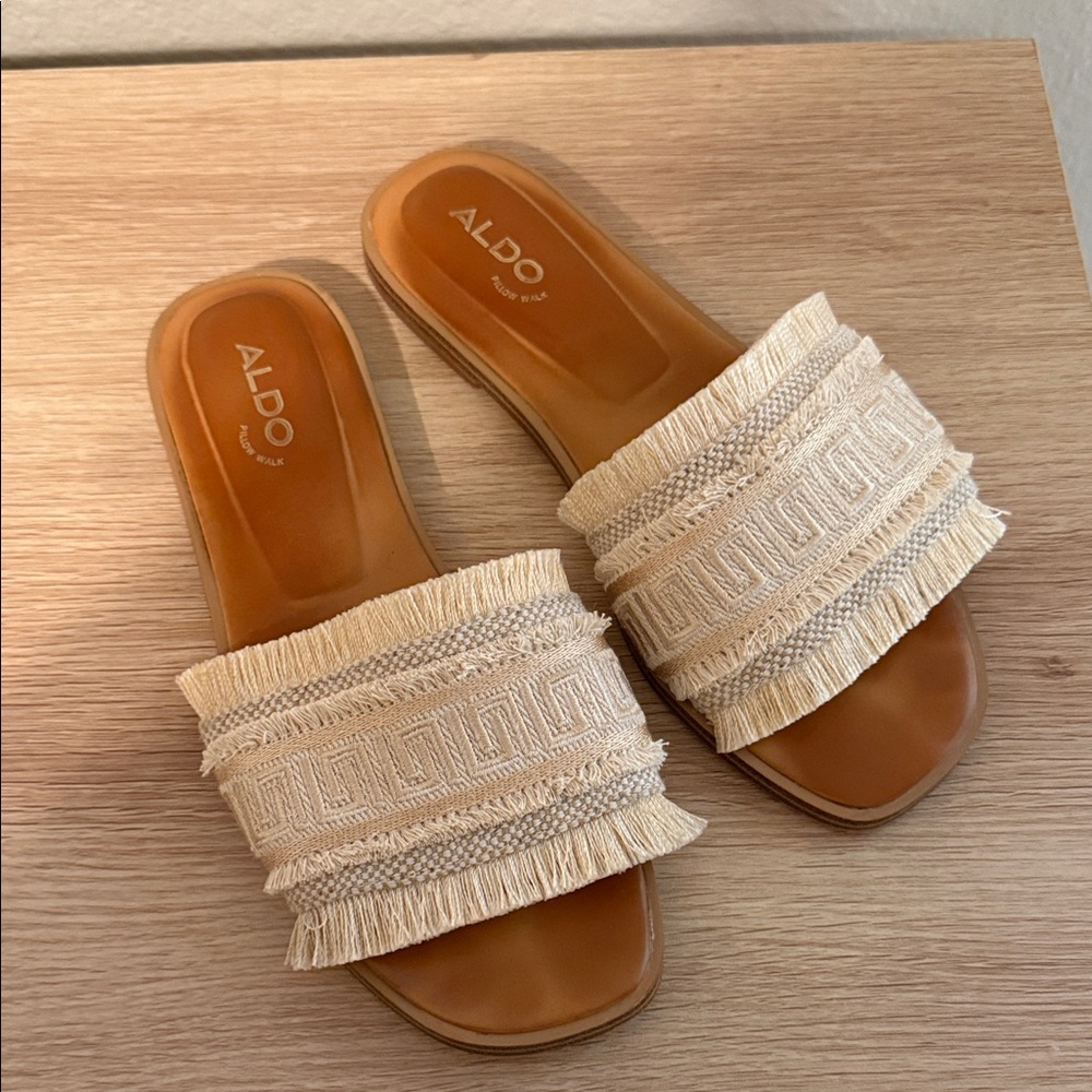 Aldo Cream Fringe Slide Sandals
